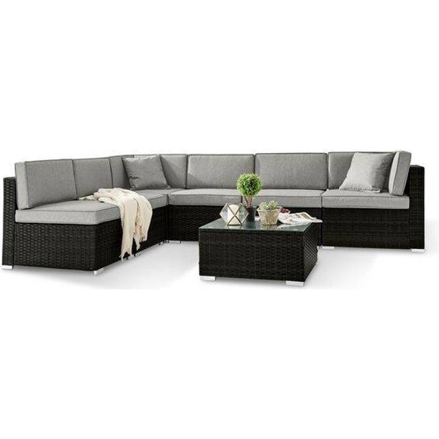 Modular Rattan Outdoor Corner Sofa - Orlando 6 Seat Grey L Shape Garden Sofa - Black