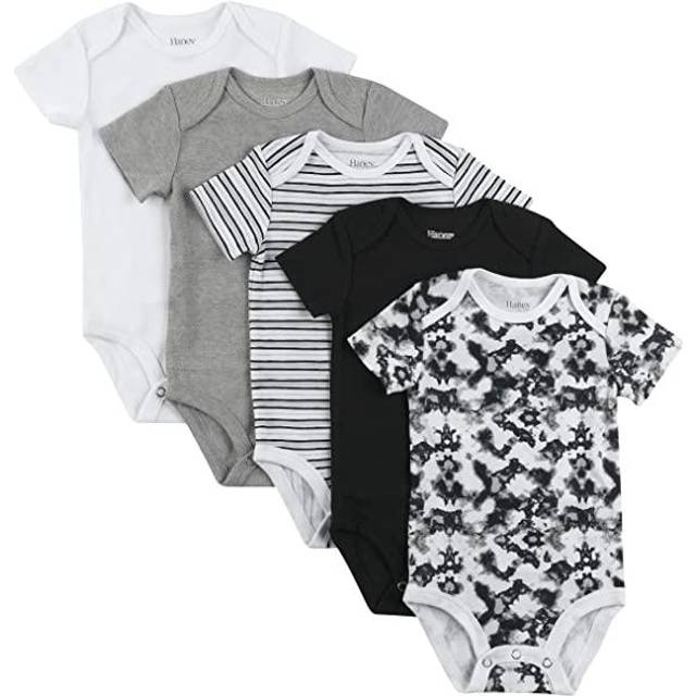 Hanes Unisex Baby Bodysuits  Ultimate Flexy Short Sleeve For Boys & Girls  5-pack  White/Grey/Black  6-12 Months US