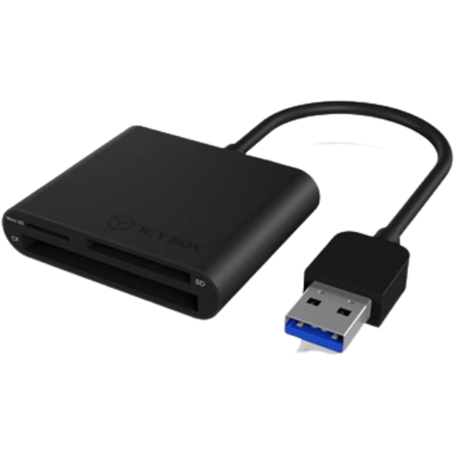 ICY BOX IB-CR301-U3 USB 3.0 Type-A-kortläsare för CF, SD och microSD-minneskort, SD 3.0, aluminiumhölje, inbyggd kabel, svart