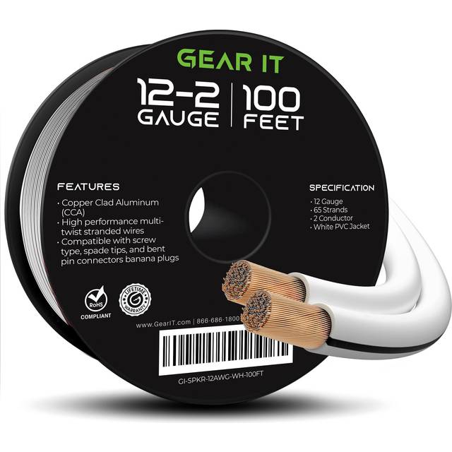 Speaker Wire Audio Cable CCA 2x4mm (30.48 Meters - White) Copper Clad Aluminum - Great for Hi-Fi Home Theater and Car Speakers - 12 Gauge AWG, 100