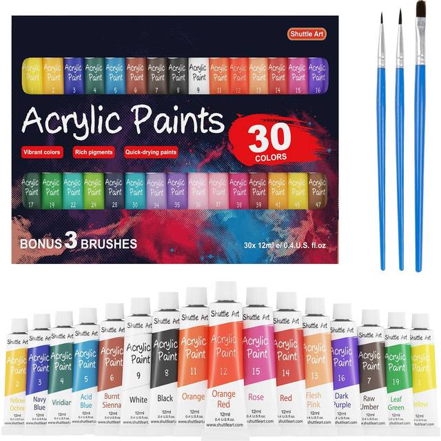 Shuttle Art Acrylic Paint Set  30 x12ml Tubes Artist Quality Non Toxic Rich Pigments Colors Great for Kids Adults Professional Painting on Rocks Canva
