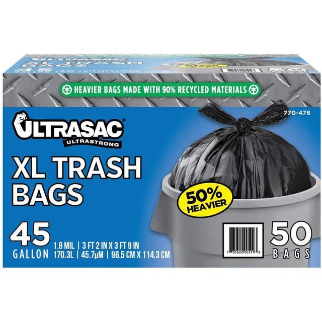 Kraftiga 45 gallon soppåsar av Ultrasac - (enorm 50 COUNT/w slips) - 1,8 MIL - 96,5 cm x 114 cm - stora svarta plastpåsar för entreprenör, industri, hem, kök, kommersiell, gård, gräsmatta, löv,