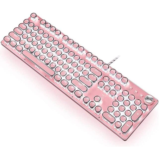 Speltangentbord, retro punk skrivmaskinsstil, blå strömbrytare, vit bakgrundsbelysning, USB-kabel, för PC bärbar dator, för spel och kontor, snyggt rosa mekaniskt tangentbord (runda knappsatser)