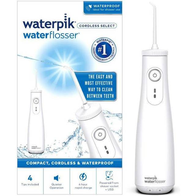 Waterpik Vit sladdlös utvald vattentråd, tar bort plack och förbättrar tandköttshälsan, 360-graders spetsrotation, global spänning, säker för implantat, kronor och fanér, USB-laddare (WF-10 UK)