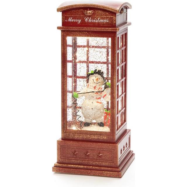 Festive LED Snowman Telephone Booth Decoration with Timer - Warm White Light, Battery Operated - Red (25cm H X 10cm W X 10cm D)