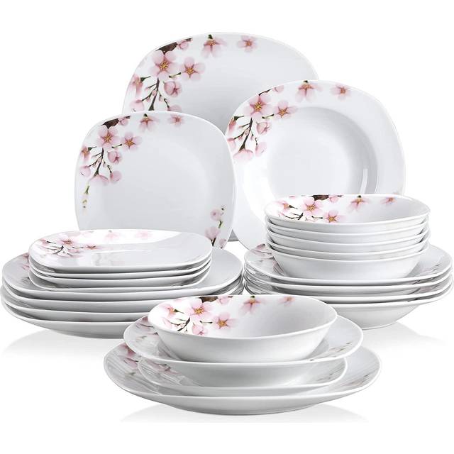 VEWEET 'Annie' 24-Piece Dinner Set Ivory White Pink Floral Porcelain Dinnerware Set China Ceramic Tableware Set with Bowls, Dessert Plates, Soup