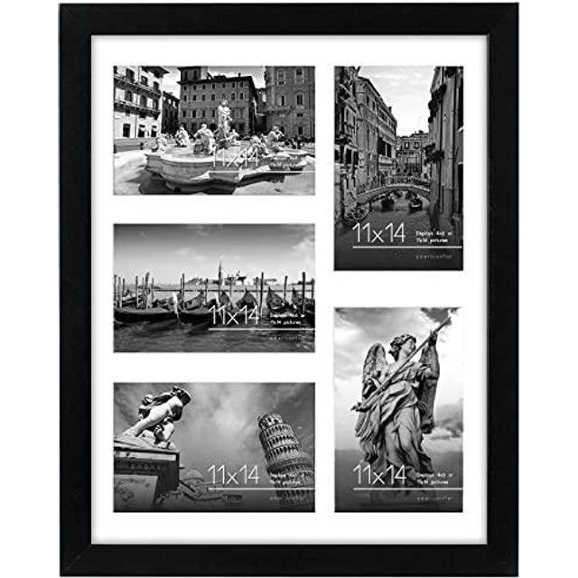 Americanflat 11 x 14 bildram i svart – fem 6 x 4 fotoramsöppningar med splitterbeständigt glas – multibländare kollage ram med horisontellt och vertikalt format för vägg