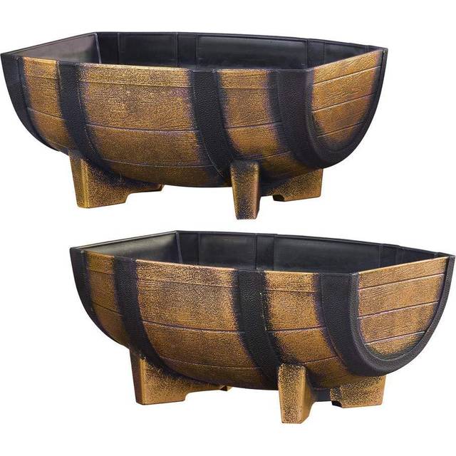 Collections Etc Rustic Half Barrel Planters - Set of 2  Weather Resistant Decorative Accent with Removable Drain Screen