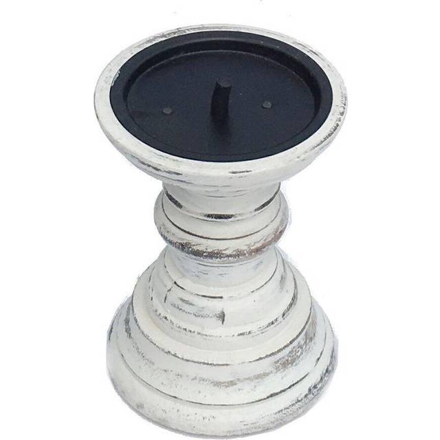 Topfurnishing - Rustic Antique Carved Wooden Pillar Church Candle Holder [[Antique White,Small 13cm]
