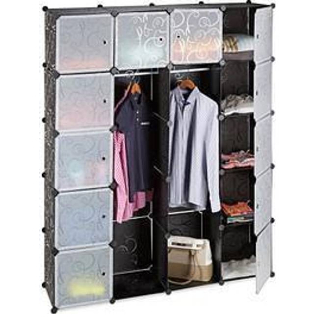 14-Compartment Shelving Unit Wardrobe, Modular Plug-In Plastic Shelf, 2 x Clothes Rails, Black - Relaxdays