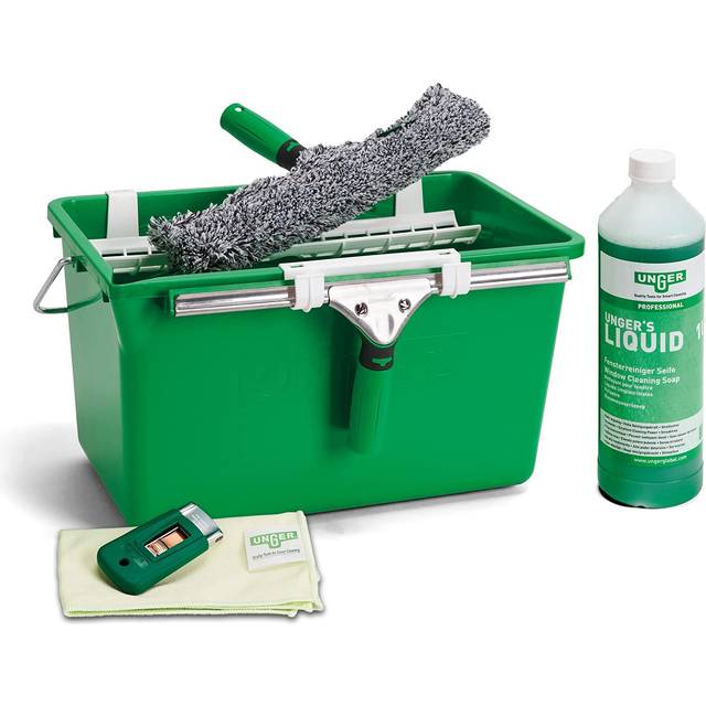 UNGER Window Cleaning Kit PRO Set - Power Washer Sleeve, ErgoTec Squeegee, Bucket 18L, Liquid Glass Cleaner 1L, Safety Glass Scraper, Microfibre Cloth