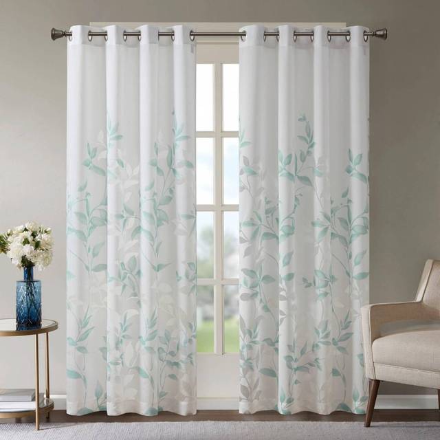 Madison Park Semi Sheer Single Curtain Modern Contemporary Botanical Print Out Design Grommet Top, Window Drape for Living Room, Bedroom and