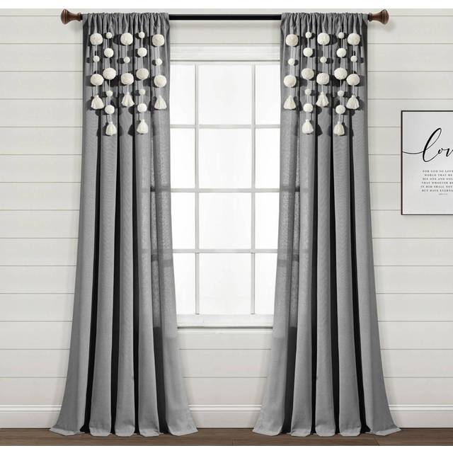 Lush Decor Fönstergardin i linne med tofsar i boho pompom-stil (enkel panel), 213 x 132 cm (L x B), mörkgrå