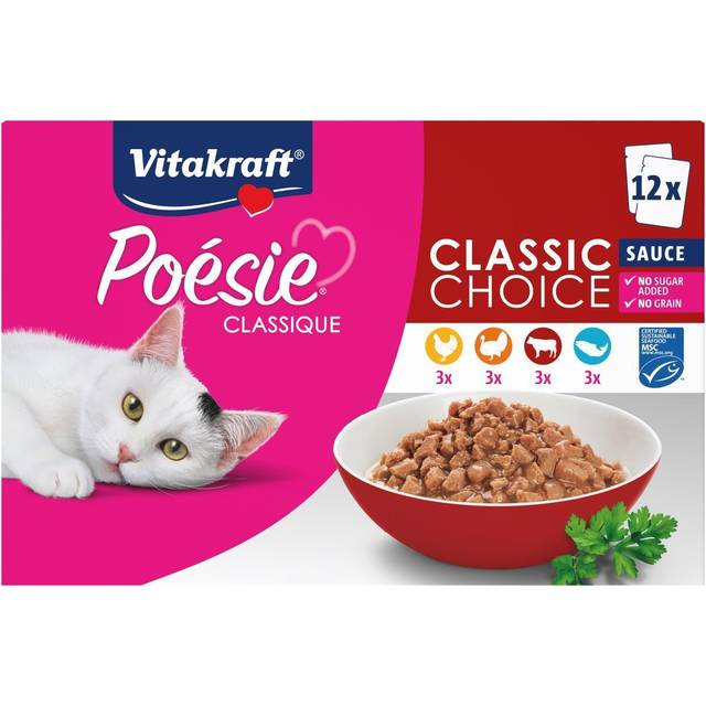 Vitakraft Poésie Classique Katt våtfoder i multipack, kyckling, kalkon, nötkött, lax och MSC-certifierad, socker- och spannmålsfri, prisvärd storlek (1 förpackning med 12 x 85 g)