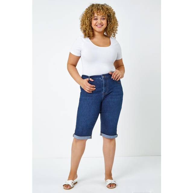 Roman Curve Indigo Stretch Knee Length Denim Shorts - Size 18