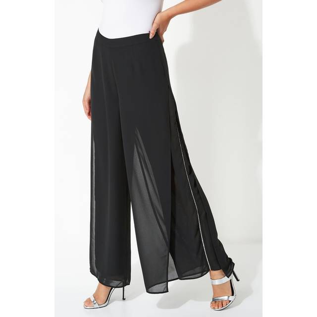 Diamante Side Split Chiffon Trousers - Black - Size 18 - Roman