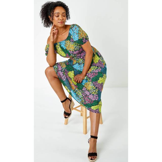 Roman Petite Black Ditsy Floral Shirred Midi Dress - Size 8