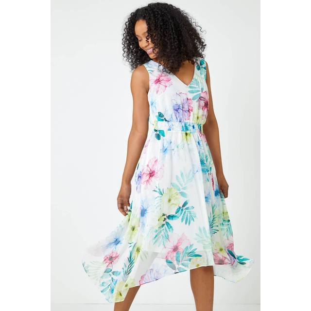 Roman Petite White Floral Print Shirred Asymmetric Dress - Size 12