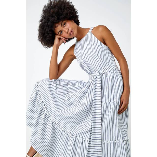 Roman Womens Tiered Cotton Halter Neck Stripe Dress - Blue - Size 18 UK