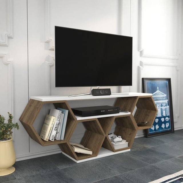 Decorotika Honey 120 Cm Wide Hexagonal Tv Unit For Tvs Up To 51" - White And Walnut, Multi