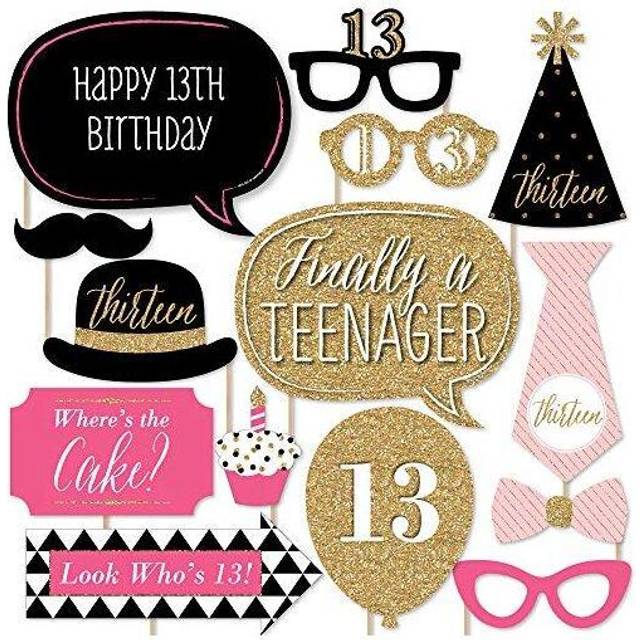 Big Dot of Happiness Chic 13th Birthday - Pink  Black and Gold - Photo Booth Props Kit - 20 Count
