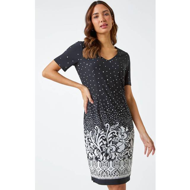 Roman Womens Textured Border Print Shift Dress - Black - Size 12 UK