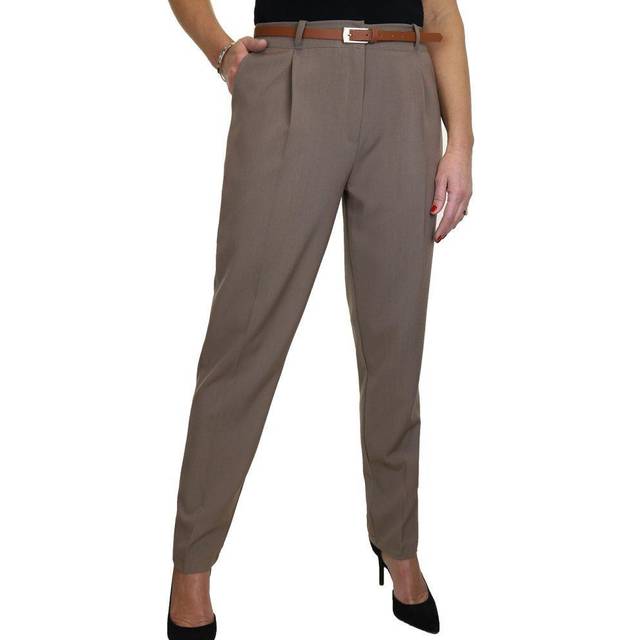 Womens smart work front pleated trousers free belt taupe brown size 22