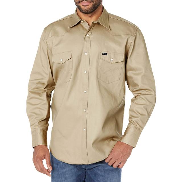 Wrangler mens Cowboy Cut Western Two Pocket Long Sleeve Snap - Firm Finish work utility button down shirts  Khaki  4X US