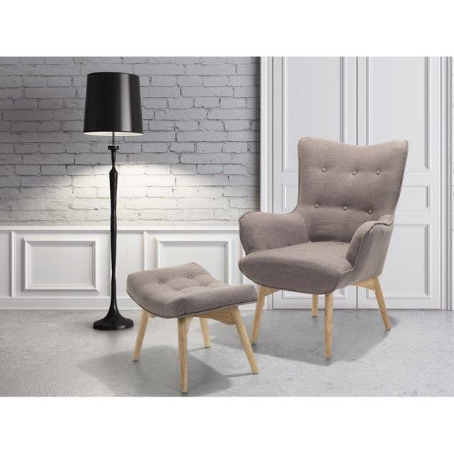Modern Buttoned Fabric Wing Back Chair Light Grey Polyester Ottoman Vejle