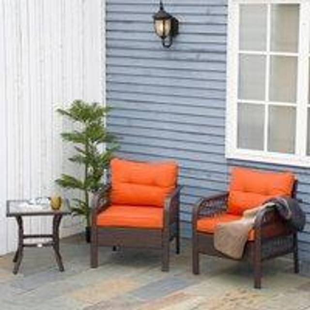 Outsunny 3 Pieces Patio Pe Rattan Bistro Set, Outdoor Wicker Coffee Table Armrest Chairs Thick Padded Conversation Furniture For Garden Orange