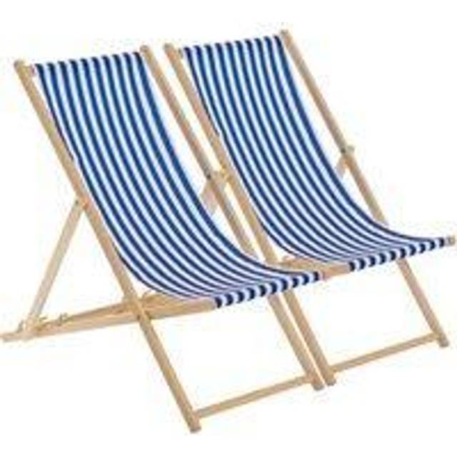 Folding Wooden Deck Chairs Navy Stripe Pack of 2 - One Size