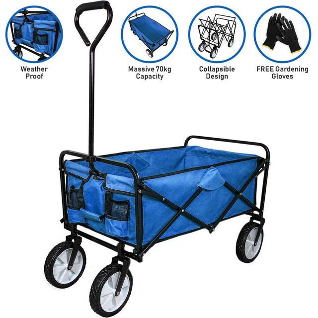 Monster Shop Foldable Garden Cart Trolley Blue With Gardening Gloves, Blue