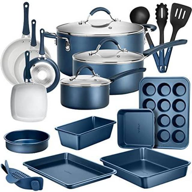 Nutrichef 20 Piece Pots and Pans Set, Bakeware and Cookware Set, Induction Hob Pots Set w/Lids, Non Stick Set, Heat Safe Silicone Handles, Saucepan,