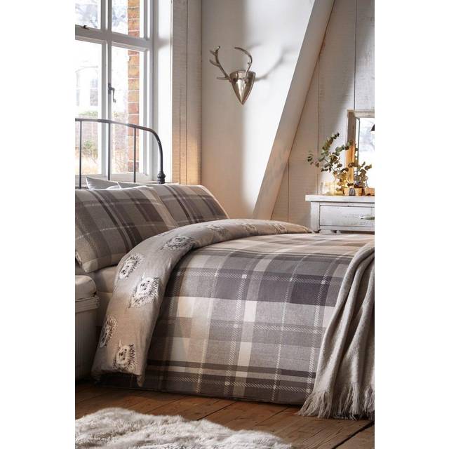 Drömmar och draperier grått rutigt påslakan-king size (230 x 220 cm) – supermjukt 100% borstad bomull vändbar design flanell skogssängkläder med igelkottar
