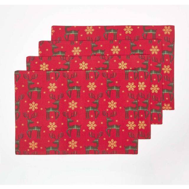 Homescapes Set of 4 Red Placemats Cotton Christmas Reindeer Design