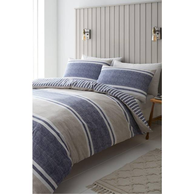 Catherine Lansfield Textured Banded Stripe Duvet Cover Set - Blue - Double