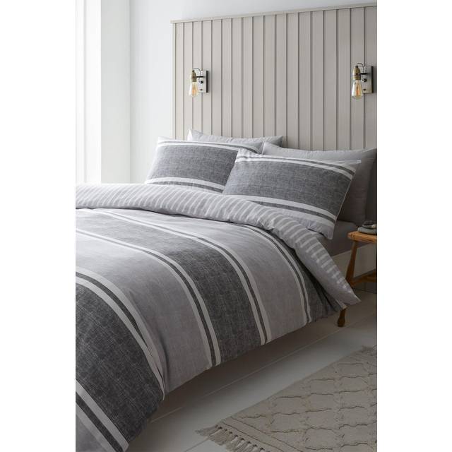 Textured Banded Stripe Duvet Cover - Charcoal Grey - Single - Catherine Lansfield