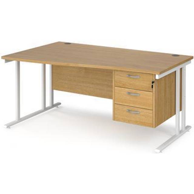 Maestro 25 left hand wave Office Desk 1600mm wide with 3 drawer pedestal - white cantilever leg frame, oak top - White