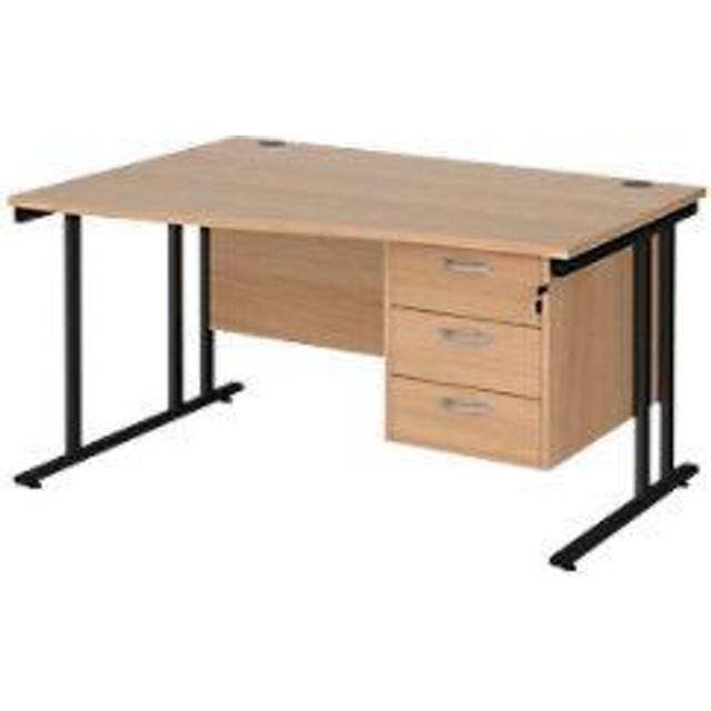 Maestro 25 left hand wave Office Desk 1400mm wide with 3 drawer pedestal - black cantilever leg frame, beech top - Black