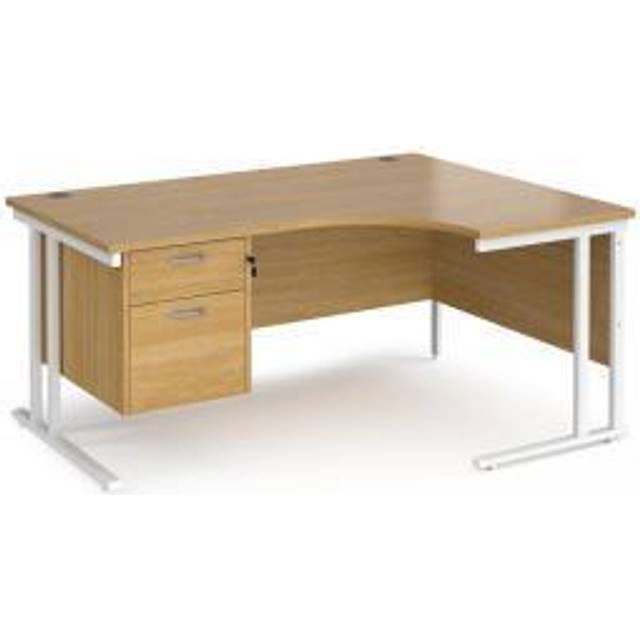 Maestro 25 right hand ergonomic Office Desk 1600mm wide with 2 drawer pedestal - white cantilever leg frame, oak top - White