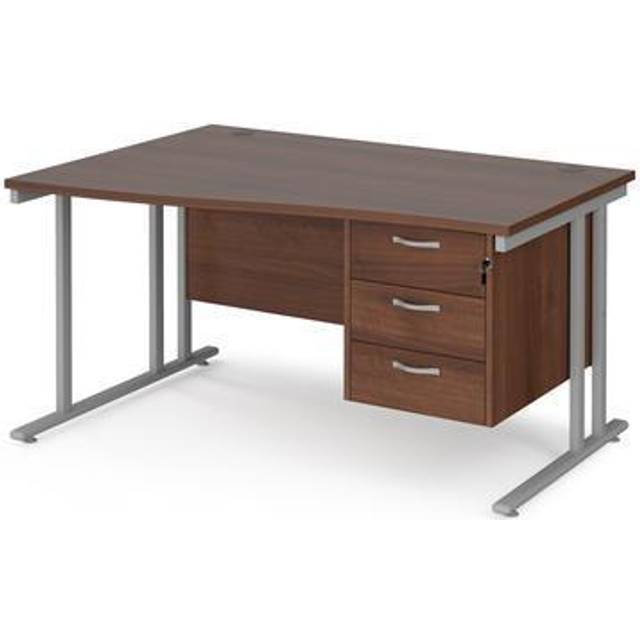 Maestro 25 left hand wave Office Desk 1400mm wide with 3 drawer pedestal - silver cantilever leg frame, walnut top - Silver
