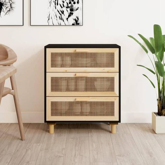 Skänk svart 60x30x70 cm massiv furu och naturlig rotting