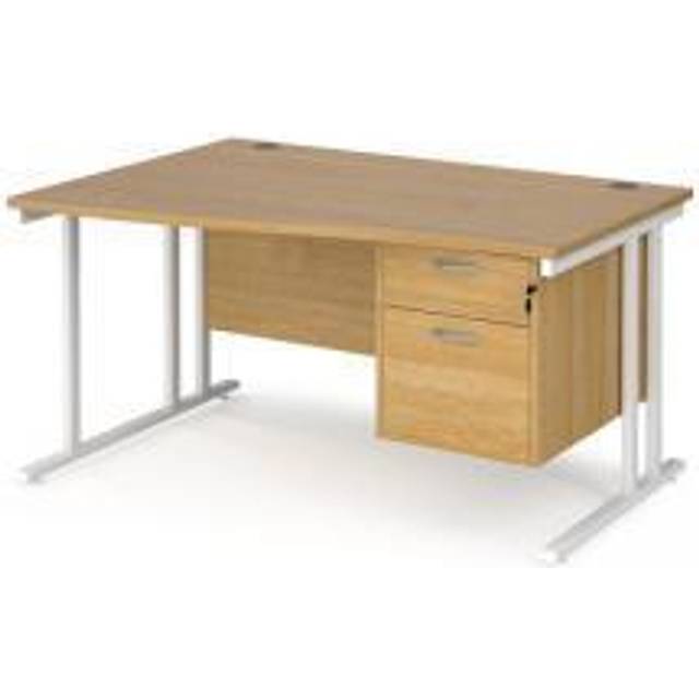Maestro 25 left hand wave Office Desk 1400mm wide with 2 drawer pedestal - white cantilever leg frame, oak top - White
