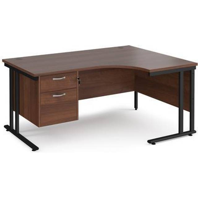 Maestro 25 right hand ergonomic Office Desk 1600mm wide with 2 drawer pedestal - black cantilever leg frame, walnut top - Black
