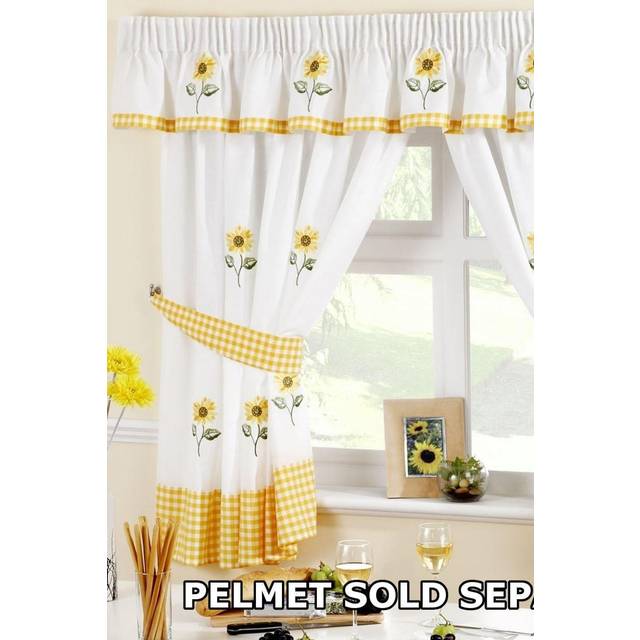 "(66"" x 48"") Sunflower Pencil Pleat Headed Kitchen Curtains and Tiebacks, Yellow/White"