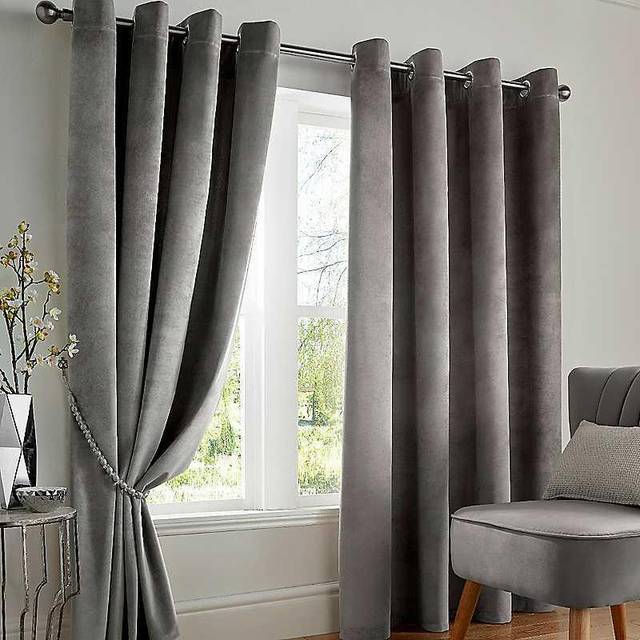 "Alan Symonds Velvet Blackout Ring Top Eyelet Thermally Efficient Curtains Silver 66"" x 72"""