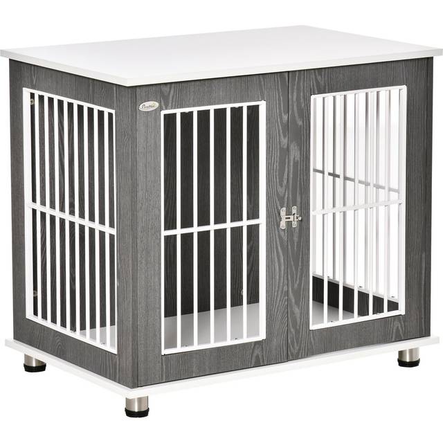 Modern dog crate pet kennel cage end table w/ lockable door - grey & white