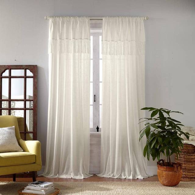 Elrene Macramé Tofs halvren fönstergardin, elfenben, 132 cm x 241 cm