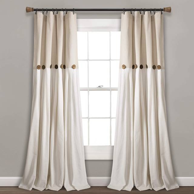 "Lush Decor Linen Button Window Curtain Panel  Single  40"""""""" W x 84"""""""" L  Linen - Country Curtains - Rustic Decor - Color Block Modern Farmhous"