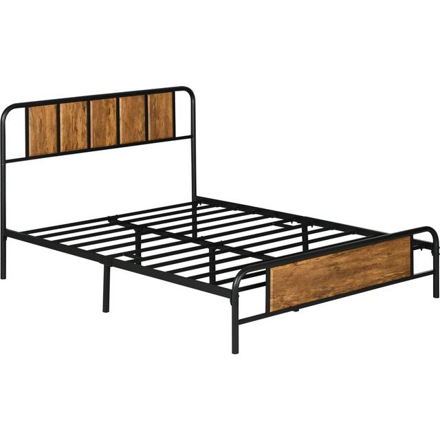 HOMCOM Double Bed Frame Steel Bed Base with Headboard 145 x 199cm Brown, Brown
